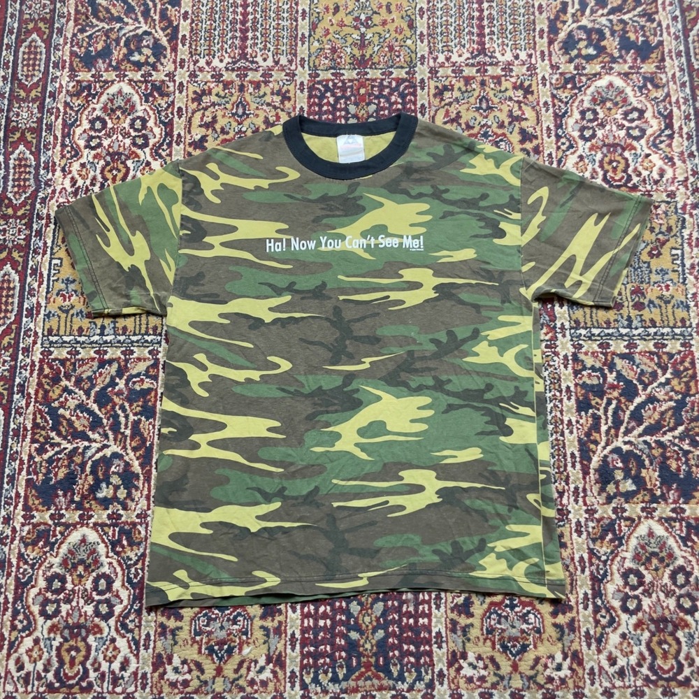 VTG 2001 Trevco Camo T Shirt Ha Now You Cant See Me L Y2k USA Ringer ERDL Text